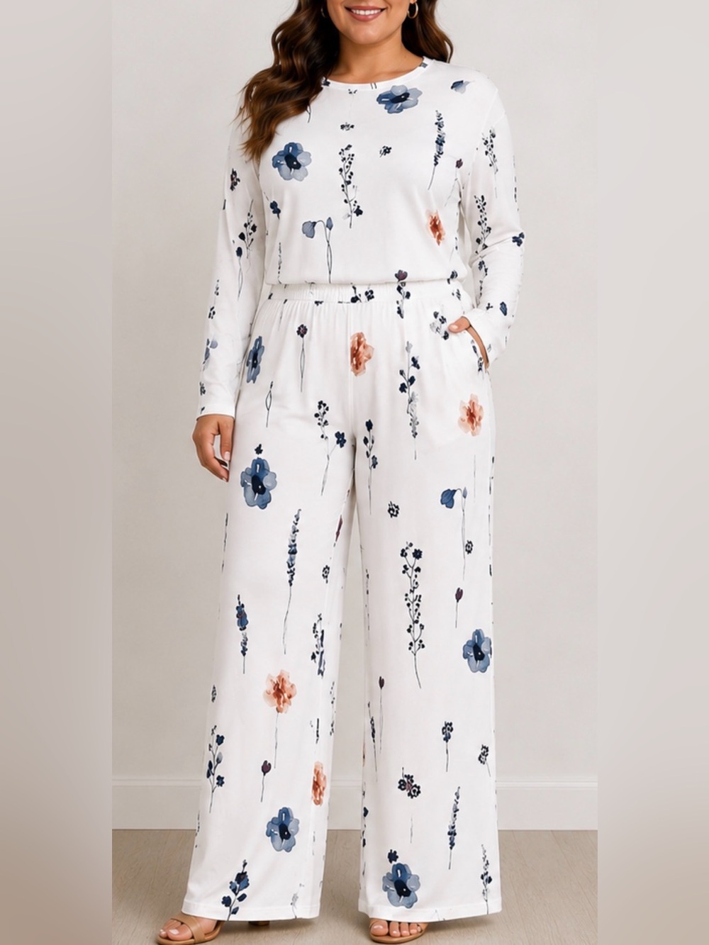 Floral Wide-Leg Pants Suit, White with Blue & Peach Print. L New Without Tag